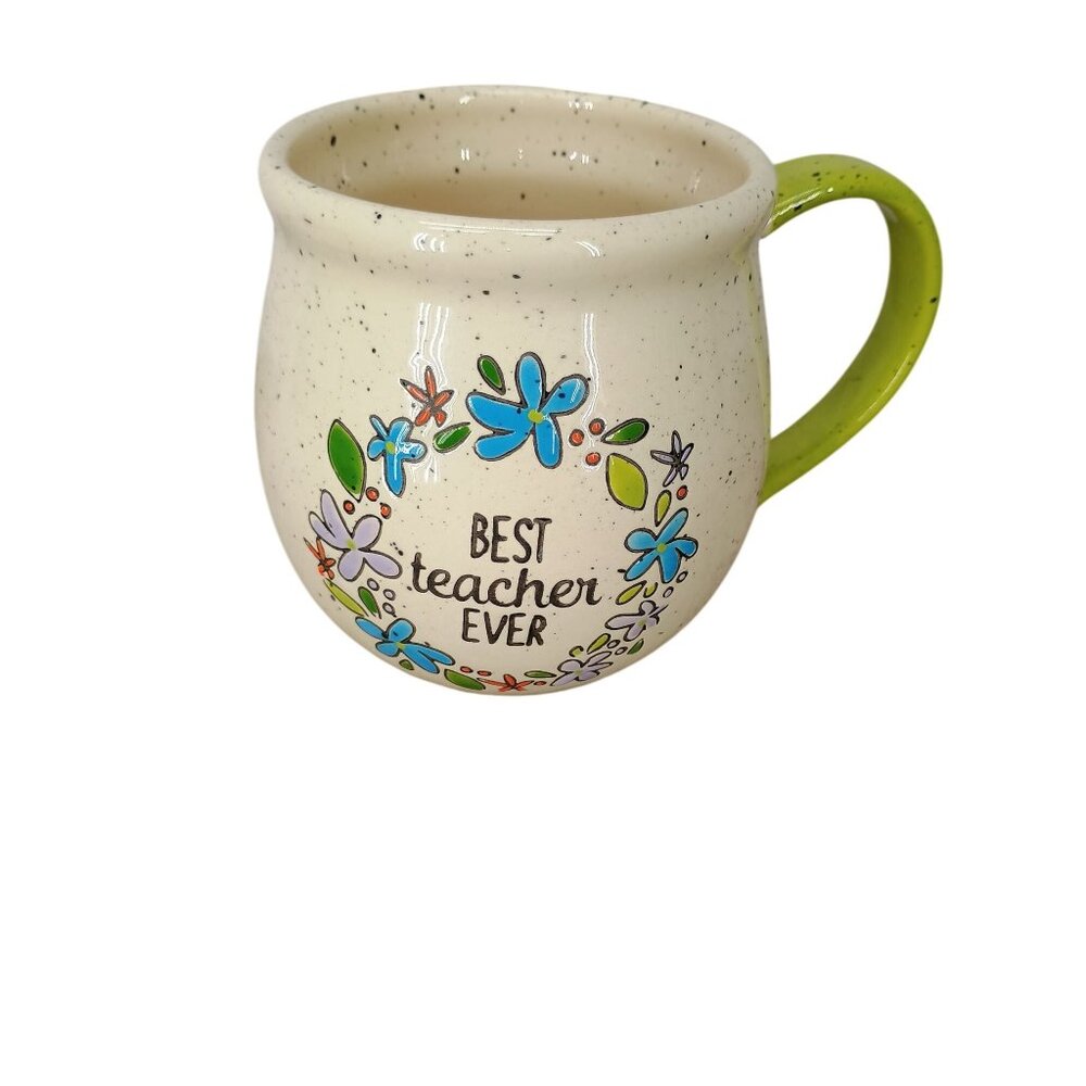 Teacher Tag Floral Speckled Mug "Best Teacher Ever" Mug Cup 16 oz. Green Handle